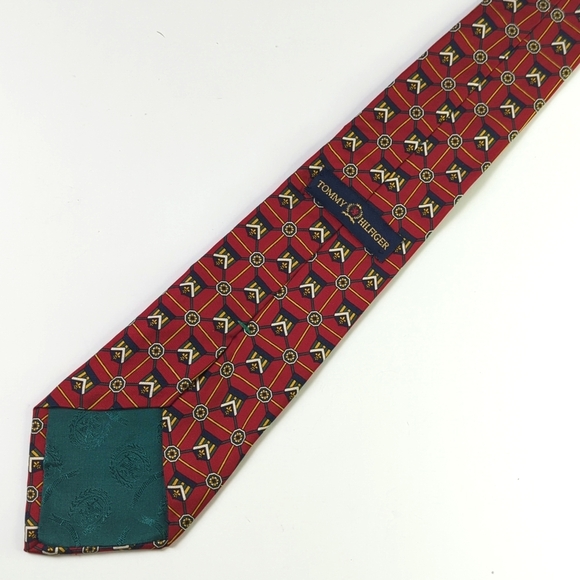 Tommy Hilfiger 90's Vintage Crest Banner Printed Italian Silk Neck Tie Red Navy - Picture 7 of 10